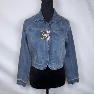 Ethyl Cropped Rhinestone Embellished  Blue Denim Jacket Sz Small Open Front NWT